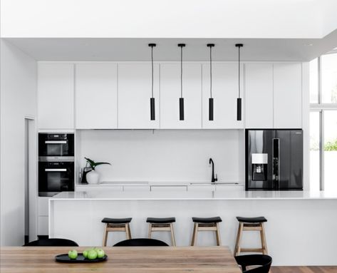 White Kitchen Black Appliances, Kitchen Cabinets With Black Appliances, Black Dining Room Sets, Black Fridge, Plywood Door, Black Fridges, Black Appliances Kitchen, White Fridges, Solid Wood Kitchen Cabinets