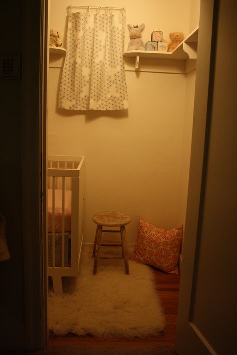 Closet turned nursery vis Simply Sorted blog Crib In The Closet, Closet Turned Nursery, Mini Crib In Master, Closet Crib, Mini Crib Nursery Small Spaces, Mini Crib Closet Nursery, Baby Room Closet, Alpaca Rug, Small Nursery