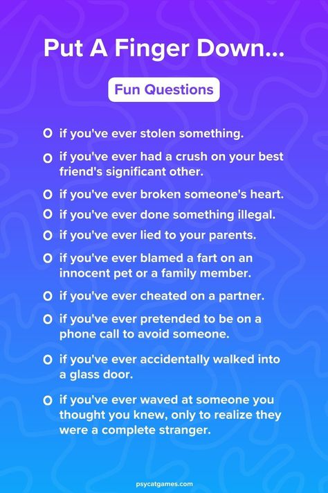 "Put a Finger Down" is a classic game that has been entertaining people for ages. Our collection of 40+ never-boring "Put a Finger" Down Questions is perfect for any occasion. 40 Questions Game, Pit A Finger Down, Put Your Finger Down Questions, Put A Finger Down Challenge, Put A Finger Down, Put A Finger Down Questions, Question Game For Friends, Questions For Girls, Ideas Sleepover