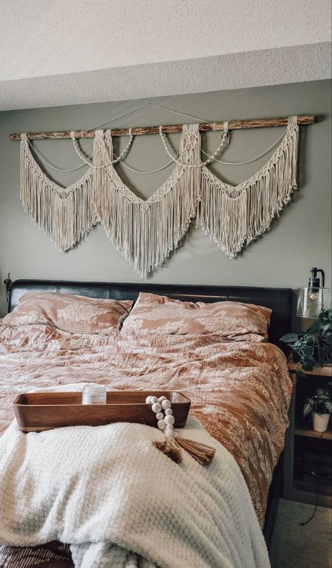 Macrame Over Bed Diy, Decor Above Headboard, Macrame Behind Bed, Decorations Above Bed, Macrame Wall Hanging Over Bed, Behind Bed Wall Decor, Macrame Bed Headboard, Macrame Above Bed, Above Bed Macrame