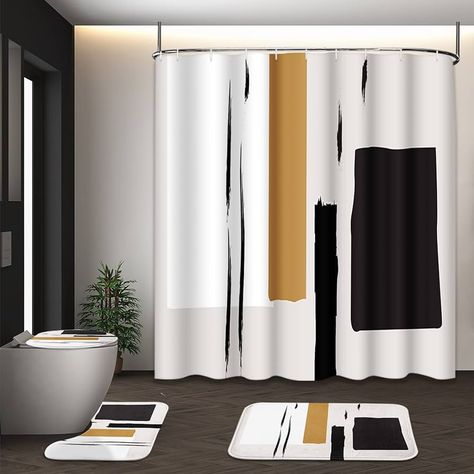 Amazon.com: Tayney Boho Mid Century Shower Curtain Set with Toilet Lid Cover and Non-Slip Rugs, Abstract Line Art 4 Pcs Shower Curtain Set, Modern Minimalist Geometric Bathroom Set Decor with 12 Hooks : Home & Kitchen Mid Century Shower Curtain, Geometric Bathroom, Rugs Abstract, Art Shower Curtain, White Bathroom Decor, Mid Century Bathroom, Boho Mid Century, Bathroom Furniture Sets, Toilet Lid Cover