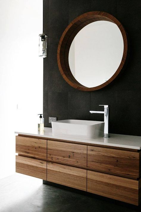 Floating Wood Vanity, Black And White Bathroom Ideas, White Bathroom Ideas, Timber Vanity, Black And White Bathroom, Wood Vanity, Wood Bathroom, Bathroom Renos, Laundry In Bathroom