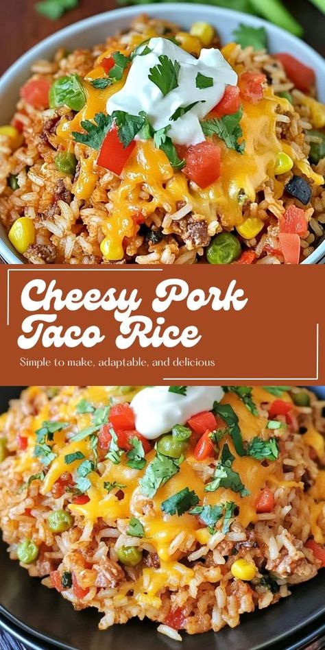 Cheesy Pork Taco Rice Ingredients: 1 pound ground pork 1 (1 ounce) package taco seasoning mix 1 (10 ounce) can diced tomatoes with green chilies 1 (15 ounce) can black beans, drained and rinsed 1 1/2 cups frozen corn 3/4 cup salsa 1 (8 ounce) package shredded Mexican cheese blend 2 cups cooked white rice 2 tablespoons chopped fresh cilantro #Cheesy #Pork #TacoRice Mexican Food Dinner, Taco Rice Recipe, Ground Pork Tacos, Pork Taco, Hispanic Recipes, Taco Rice, Ground Pork Recipes, Mexican Meals, Vegetable Rice