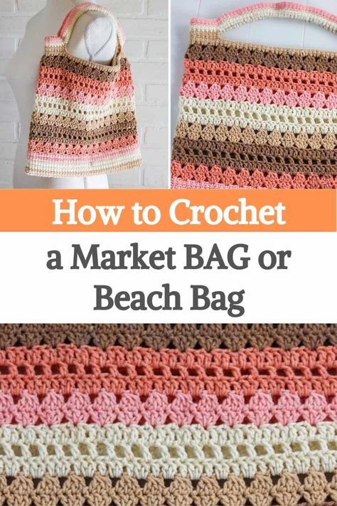 Look great this summer with a colorful crochet market bag. Follow the free crochet pattern (link here) and video tutorial to make your own. This crochet bag uses a variety of crochet stitches to create a beautiful stitch pattern on the side of the bag. The base of the bag uses the double-linked crochet stitch to reduce the spaces between the stitches. Doesn't this bag make you think of Neapolitan ice cream? The simple colors of pink and creamy brown can make you hungry as you work on it. This... Market Tote Bag Pattern, Knit Bags, Tote Bag Pattern Free, Neapolitan Ice Cream, Crochet Beach Bags, Crochet Market, Free Crochet Bag, Crochet Bag Pattern Free, Colorful Crochet