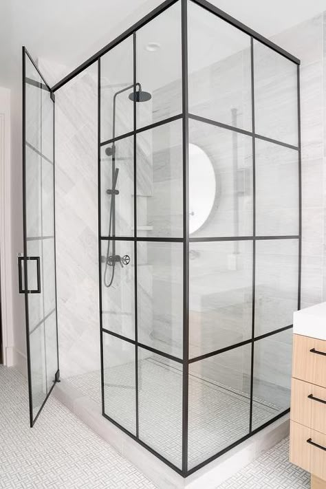 Glass and Black Steel Shower Enclosure with Matte Black Rain Shower Head - Transitional - Bathroom Borneo Island, Black Shower Doors, Tennessee House, Basement Reno, Glass Shower Enclosures, Black Rain, Transitional Bathroom, Gray Marble, Shower Tile Designs