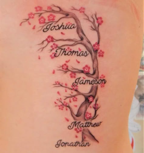 Family Tree Tattoos, Tattoo With Names, Honor Your Ancestors, Matching Family Tattoos, Family Name Tattoos, Names Tattoo, Cherry Blossom Tree Tattoo, Drawing Family, Blossom Tree Tattoo