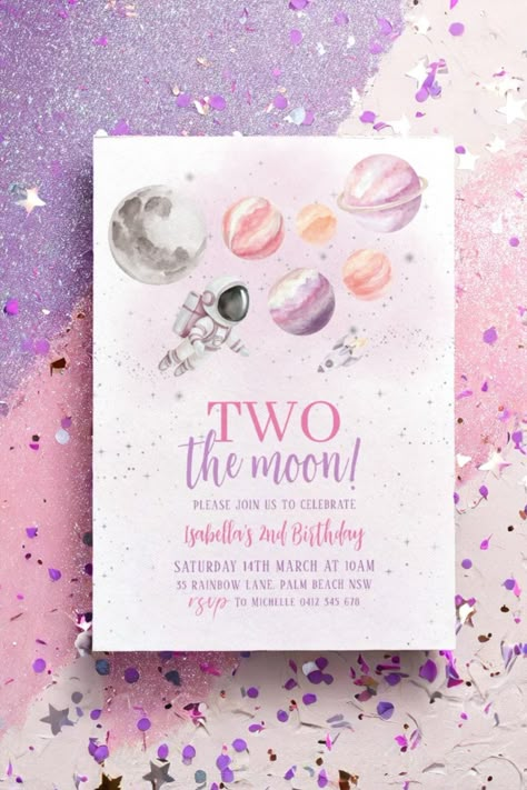 A whimsical birthday invitation featuring two colorful planets in a starry background, perfect for a cosmic birthday celebration. Moon Party Ideas, Moon Birthday Party, 2nd Birthday Girl, Moon Birthday, Two The Moon, Astronaut Party, Astronaut Birthday, Silver Invitation, Moon Party