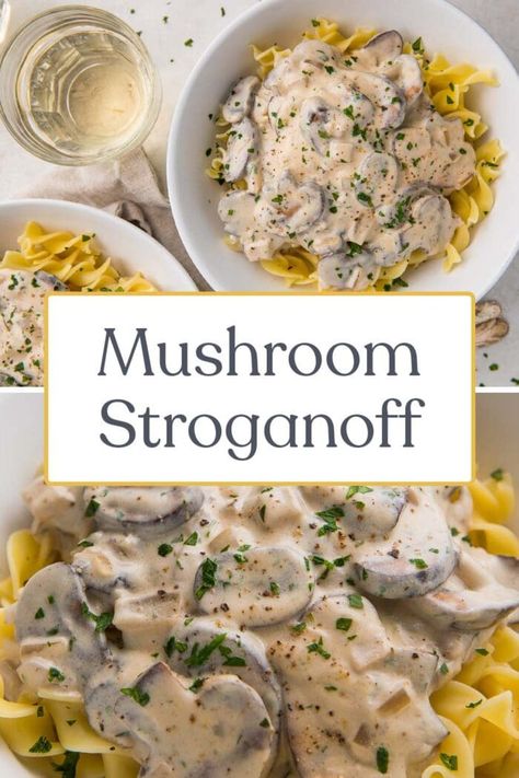 Mushroom Stroganoff Vegetarian, Stroganoff Vegetarian, Dinner With Mushrooms, Traditional Beef Stroganoff, Mushroom Stroganoff Recipe, 40 Aprons, Mushroom Stroganoff, No Meat, Sour Cream Sauce