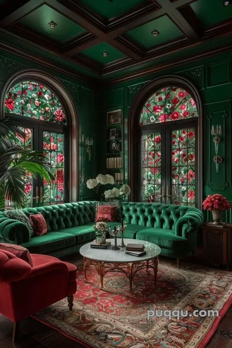 Green Velvet Interior, Emerald Green Velvet Couch Living Room Ideas, Emerald House Decor, Emerald Green Velvet Sofa Living Room, Regal Elegance Decor, Emerald Green House Interior Design, Emerald Green Library, Emerald Velvet Couch, Regal Home Decor