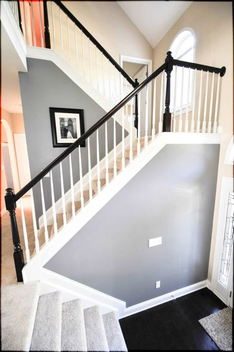 Cathedral Stone Grey by Valspar.  #greywalls #grey Grey Banister, Bannister Ideas Painted, Valspar Gray, Grey Basement, Black Banister, Black Handrail, Painted Stair Railings, Grey Floors, Black Stair Railing