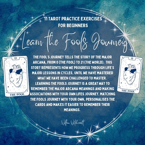 Exercise 7 - Learn the Fools Journey Willow Witchcraft Tarot Explained, Major Arcana Meanings, The Fools Journey, Tarot 101, Fools Journey, Exercises For Beginners, Card Meanings, Tarot Card Meanings, Major Arcana