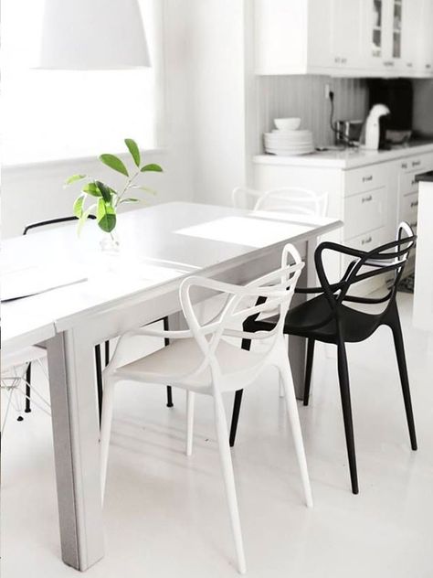 When it comes to choosing chairs for the new office {that yes, is still in the works...}, it’s likely we’ll throw all ergonomic rules out the window. Just like a good pair of 5 inch heels, we’re girls who sacrifice function for form. What can we say, our 65 year old… Master Chair, White Dining Room Sets, Black And White Dining Room, Contemporary Dining Room Sets, Masters Chair, Chair Dining Room, Scandinavian Dining Room, Woven Dining Chairs, Chair Design Modern