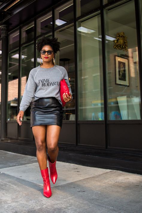 How To Wear Red Boots Fall Outfits, Houndstooth Boots Outfit, Trendy Winter Outfits 2022 Street Style, Shirts And Boots Outfit, Trendy Outfits Women 2023, Fall Leather Skirt Outfits With Boots, 30 Year Old Fashion For Black Women, Red Thigh Boots Outfit, Fall Outfits Women With Boots