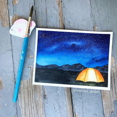 Watercolor Tent Camping, Watercolor Tent, Tent Watercolor, Camping Watercolor, Camping Outdoors, Watercolor Art Lessons, Tent Camping, Crafty Ideas, Night Sky