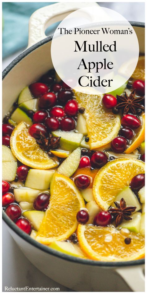 The Pioneer Woman's Mulled Apple Cider Recipe #mulledcider #hotapplecider #pioneerwomansmulledcider #pioneerwoman Apple Cider Christmas Drink, Spiked Mulled Cider, Pioneer Woman Thanksgiving Recipes, Mulled Apple Cider Recipe, Mulled Apple Cider Recipe Alcohol, Apple Cider Holiday Drink, Apple Cider Recipe Homemade, Hot Cider Recipe, Non Alcoholic Mulled Cider