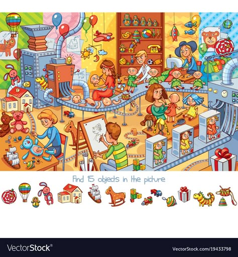 Toy factory find 15 objects in the picture Vector Image Find The Hidden Objects, Hidden Picture Puzzles, Picture Composition, Puzzle Photo, Funny Cartoon Characters, Toy Factory, Picture Prompts, Hidden Pictures, Hidden Objects