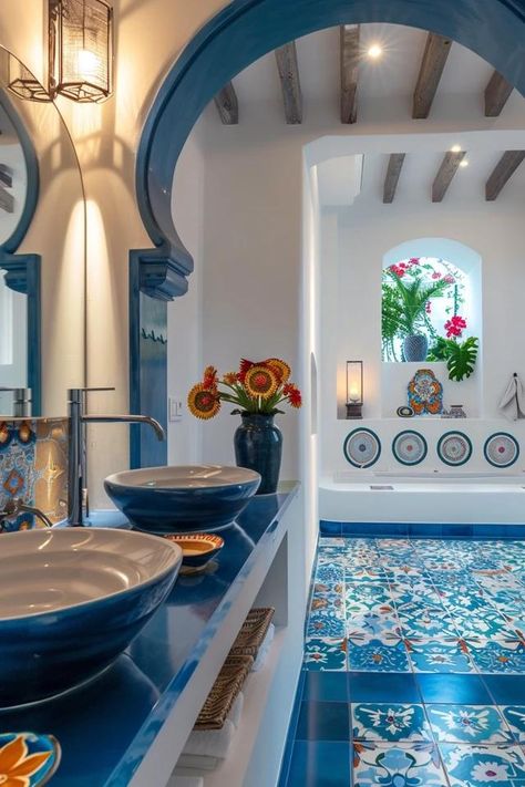 Coastal Charm: My Top Mediterranean Bathroom Ideas Sicilian Bathroom, Mediterranean Bathroom Decor, Mediterranean Bathroom Design, Modern Mediterranean Bathroom, Mediterranean Bathroom Design Ideas, Mediterranean Bathroom Ideas, Mediterranean Bathroom, Mediterranean Aesthetic, Fish Scale Tile