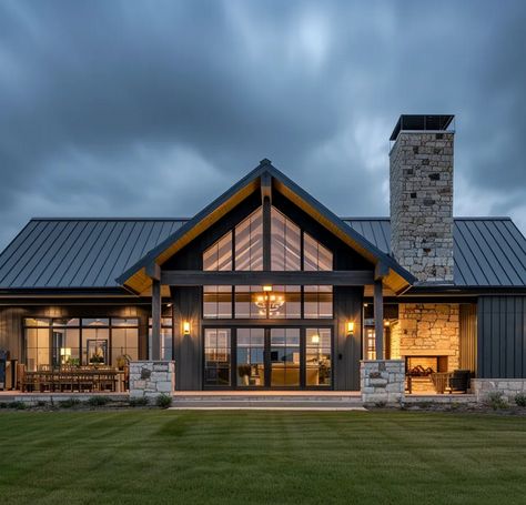 the balsam | Barndo & Co. Black And Stone Farmhouse Exterior, Cabin Style Barndominium, 5 Bedroom Cabin Floor Plans, Mountain Lodge Exterior, Vaulted Back Porch, Cross Gable Roof, Log House Plans, Log Cabin Siding, Lodge Exterior