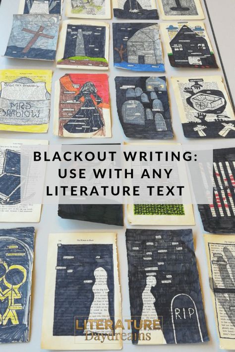 Have you heard of blackout writing? I love using it in my ELA classroom to tie themes together, ensure comprehension of topics, and more! In my blog I write about how I put my own twist on blackout writing in my English classroom. My students get really involved, and it requires almost zero prep - it's the perfect activity! Click through to check it out. #ELA #English #Secondary #Writing #Literature Ela Art Projects, High School Art Activities, Art Ideas For High School Students, Art For High School Students, English Project Ideas For High School, Book Themed Classroom, Classroom Displays Secondary, English Classroom Displays, Coop Art