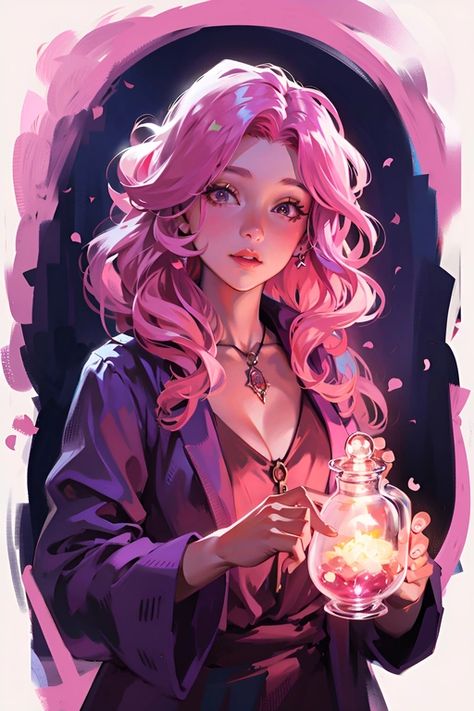 Elf With Pink Hair, Changeling Witch, Pink Haired Girl Art, Girl With Pink Hair Art, Pink Hair Girl Art, Eladrin Druid, Glowing Potion, Dnd Elves, Girls Characters