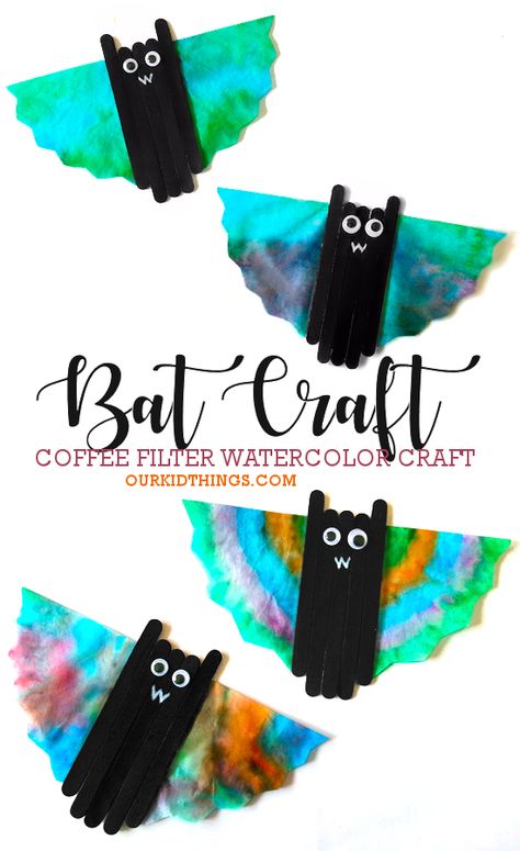 Coffee Filter Watercolor Bat Craft Prek Bat Craft, Bat Coffee Filter Craft, Hanging Bats Craft, Hanging Halloween Crafts For Kids, Halloween Coffee Filter Crafts For Kids, Hanging Bat Craft, Halloween Bat Crafts For Kids, Coffee Filter Bats, Bat Preschool Crafts