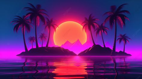 Synthwave Sunset An Island Paradise With Palm Trees Ocean Waves And Neon Sun In 3d Background Synthwave Sunset, Palm Trees Background, Kitchen Curtain Ideas, Beach Sunset Background, Island Background, Neon Landscape, 80s Synthwave, Synth Wave, Neon Sunset