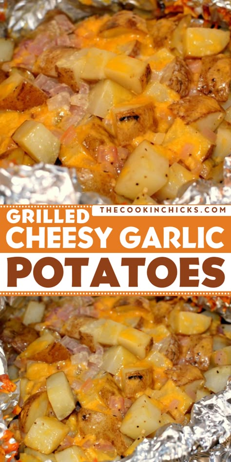 Check out this summer grilling idea for a simple Memorial Day side dish! This Grilled Cheesy Garlic Potatoes recipe is cooked in tin foil, making clean up a breeze. An easy spring recipe perfect for any BBQ or gathering! Cheesy Potatoes On The Grill, Memorial Day Sides Dishes, Memorial Day Sides, Easy Memorial Day Food, Bbq Ideas Grill, Memorial Day Side Dishes, Memorial Day Food Ideas, Memorial Day Food, Foil Meals