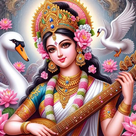 Maa Saraswati Painting, Saraswati Mata Drawing, Saraswati Goddess Paintings, Saraswati Maa Drawing, Saraswati Mata Wallpaper, God Pencil Drawing, Drawing Of God, Lord Saraswati, Mata Wallpaper