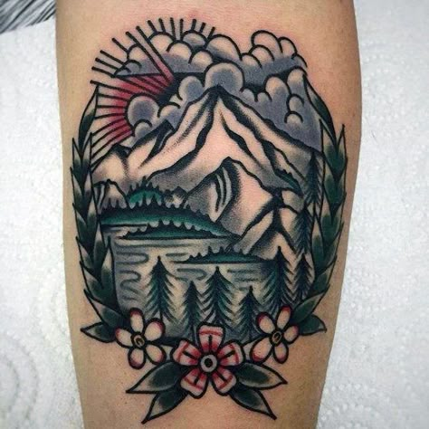 Masculine Traditional Mountain Tattoos For Men Berg Tattoo, Tatuaje Cover Up, Old School Ink, Mountain Tattoo Design, Traditional Tattoo Flowers, Shape Tattoo, Landscape Tattoo, Tattoos Geometric, Tattoo Girls