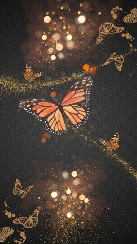 Orange butterflies on vignette background with bright and orange hued sparkles of light. Glitter and splatter effect. Monarch butterflies. Wallpaper Mariposas, Butterfly Phone Wallpaper, Butterfly Wonderland, Wallpaper Edge, Beautiful Butterfly Pictures, Beautiful Butterfly Photography, Butterfly Background, Apple Art, Butterfly Wallpaper Iphone