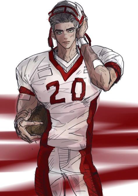 Athlete Drawing Art, Football Character Design, Anime Athlete, American Football Drawing, Enemies And Lovers, Male Cheerleaders, Football Player Drawing, Boys Tattoo, Blue Hair Anime Boy