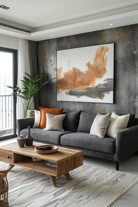 Grey And Black Home Interior Design, Grey Theme Living Room Ideas, Dark Grey Sofa Living Room Modern, Living Room Contrast Wall, Dark Gray Home Decor, Living Room Couch Color Ideas, Minimalist Living Room Grey Couch, Black Sofa Interior, Grey Living Room With Color Accents