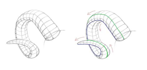 How To Draw Goat Horns, Horn Tutorial Drawing, Curled Horns Drawing, Rams Horns Drawing, How To Draw Ram Horns, Horn Designs Art, Sheep Horns Drawing, Ram Horns Drawing Reference, Goat Horns Drawing Reference