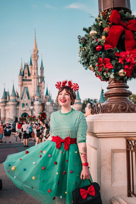 Diy Christmas Skirt, Disney World Christmas Outfit, Diy Christmas Costumes, Disney Christmas Outfits, Pom Pom Skirts, Christmas Tree Costume, Keiko Lynn, Disney World Christmas, Very Merry Christmas Party