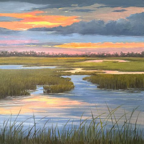 Low Country Paintings, Marsh Watercolor Paintings, Kitchen Painting Art, Marsh Art, Marsh Landscape, Paintings Wall Decor, Cloud Paintings, Beautiful Paintings Of Nature, Carolina Homes