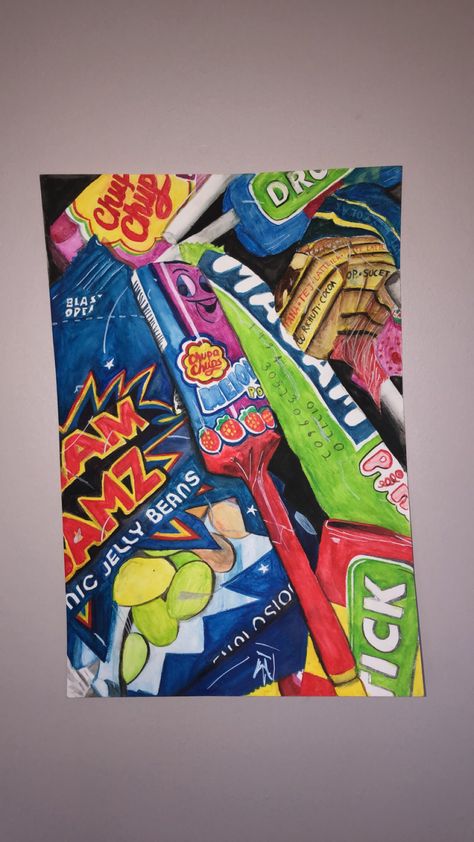 GCSE art final piece - food project inspired by Sarah graham| insta- _maisierookeart_ Sweet Treats Gcse Art, Sarah Graham Sweets, Gcse Drawing Ideas, Final Pieces Art Gcse, Gcse Art Exam Final Piece, Final Gcse Art Piece, Gcse Art Food Final Piece, Gcse Art Food Project, Collections Art Gcse