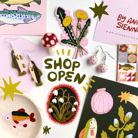 🐓🐟 Shop is LIVE! 🐑🏠 There are original paintings, earrings, magnets, felted wool items, ceramics and mystery bundles! I’m so happy and proud over my little piece of the internet, thank you for your AMAZING support! 🫶🏼🥹 #handmade #artshop #stickershop #handmadeearrings Illustrator Aesthetic, Earrings Business, Artist Studio Space, Market Aesthetic, Clay Studio, Art Diary, Your Amazing, 2d Art, Booth Design