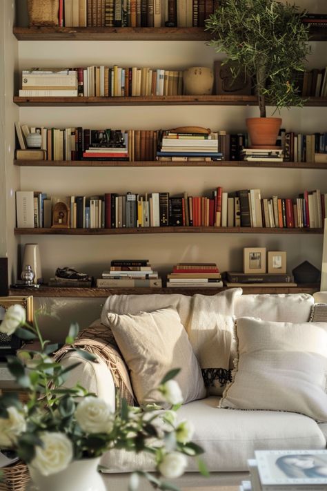 Apartment Bookshelves, Wall Library, Bookshelves Aesthetic, Sustainable Living Room, Bookshelf Home, Library Inspiration, Japandi Living, Home Cozy, Home Library Design