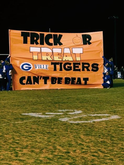 Halloween Football Banner Ideas, Halloween Football Posters, Halloween Football Game Theme, Fnl Themes, Run Through Signs, Homecoming Hallways, Football Banners, Halloween Football, Football Halloween