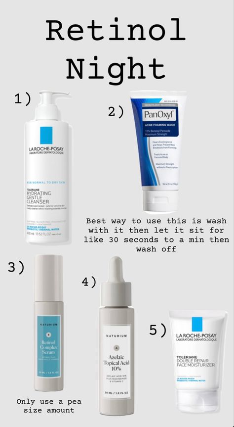 A retinol night is perfect for aging or textured skin! Remember to start in small doses and gradually increase as your skin adjusts! Sensitive Skincare Products, Retinol Night Time Routine, Panoxyl Skincare Routine, Body Retinol, Skin Cycling, Textured Skin, Skin Care Routine Order, Clear Healthy Skin, Skin Care Tutorial