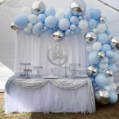 Blue Birthday Themes, Best Baby Shower Favors, Event Decor Ideas, Shower Dessert Table, Baby Shower Dessert, Party Decorations Table, Balloons Cake, Elephant Baby Shower Boy, Baby Shower Dessert Table