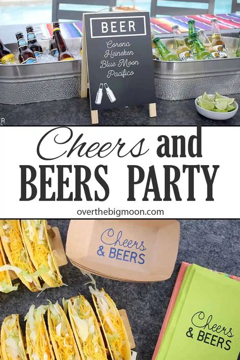 #ad Who doesn't love a classic Cheers and Beers Party?!? Come see how I put together this fun party by making menu signs and customizing other tableware for a classic Taco and Beer night! Plus, get fun ideas for different foods that pair well with Beer for your upcoming party! #BeersandCheers #TacoandBeer #BeerandTaco #TacoParty #BeerParty #CricutCreated #CricutMade #Cricut #EasyPress Cheers To Beers Party, 30th Birthday For Men Party, Cheers And Beers 40th Birthday, Beer Party Food Ideas, 50th Birthday Beer Theme, 30th Beer Birthday Party, Cheers And Beers 50th Birthday Party, Beer Themed Birthday Party Food, Cheers And Beers Party Food