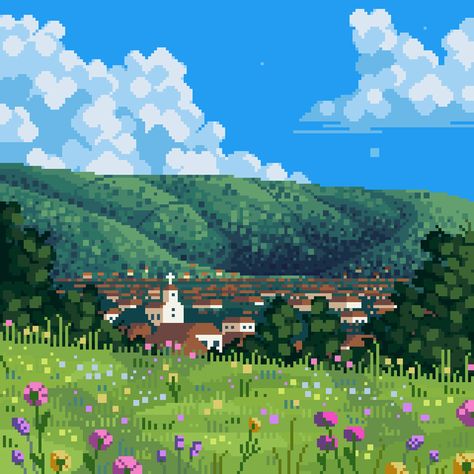 Pixel Background Aesthetic, Spring Pixel Art, Cottagecore Pixel Art, Nature Pixel Art, Green Pixel Art, Pixelated Landscape, Pixel Nature, Pixel Landscape, Aesthetic Pixel Art