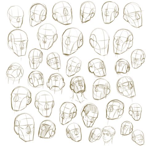 head construction drawing Head Tilted Down Reference Drawing, Anime Face Construction, Face Construction Drawing Tutorials, Face Drawing Studies, Head Construction Anatomy, Men Head Shapes Drawing, Male Head Drawing Tutorial, Head Direction Reference, Head Drawing Practice