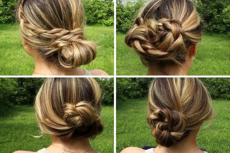 This is a guide to braided updo hairstyles. Learn how to do a braided updo in 5 minutes with this simple step-by-step tutorial. Easy Updos For Medium Hair With Braids, Hair With Braids, Braided Updo Hairstyles, Four Braid, Braid Updo Tutorial, Easy Braided Updo, Easy Updo, Bow Scrunchie, Classic Updo