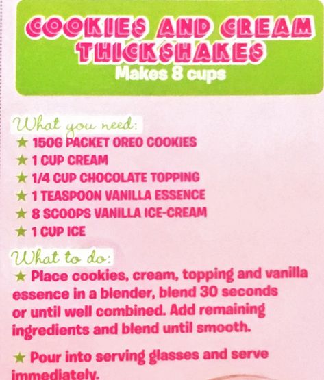 Cookies and cream thickshake magazine recipe Thickshake Recipe, Magazine Recipe, Chocolate Topping, Vanilla Essence, Food Magazine, Oreo Cookies, Vanilla Ice Cream, Cookies And Cream, Oreo