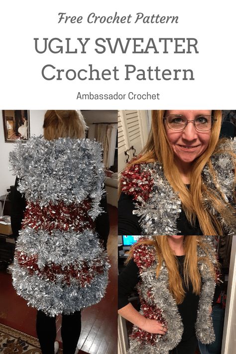 Make your own ugly Christmas sweater with tinsel garland using this crochet pattern. Ugly Sweater Crochet, Crochet Ugly Christmas Sweater Pattern, Ugly Crochet, Crochet Granny Patterns, Ugly Christmas Sweater Pattern, Diy Christmas Sweater, Holiday Crochet Patterns, Ugly Sweater Diy, Crochet Bloggers