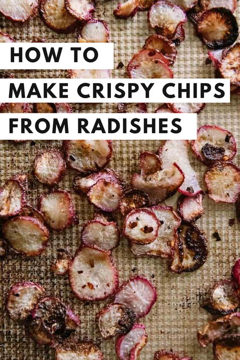 Learn how to make crispy radish chips in the oven! An easy, healthy take on potato chips (or "fauxtato" chips) with no air fryer or dehyrator. Dehydrated Radish Chips, Radish Chips Baked, Radish Chips Air Fryer, Air Fryer Radish Chips, Roasted Radish, Keto 2023, Chips Homemade, Radish Chips, Keto Veggies