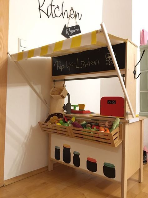 Ikea Play Kitchen Hack, Ikea Kids Kitchen, Ikea Play, Ikea Playroom, Black Chalkboard Paint, Ikea Kids Room, Ikea Play Kitchen, Ikea Duktig, Market Booth