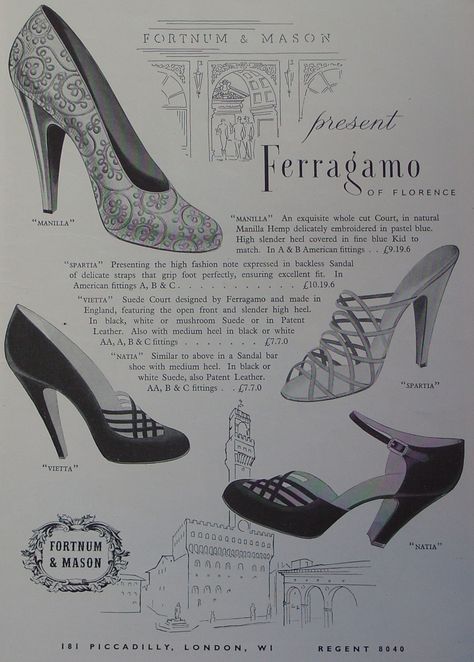 1950s shoe advert. Ferragamo shoes at Fortnum and Mason's in Vogue magazine July 1952 Vintage Ferragamo Shoes, Aw 2024, Vintage Ferragamo, 1950s Shoes, Fortnum And Mason, Ferragamo Shoes, Vogue Magazine, Vintage Magazines, 1950s Fashion